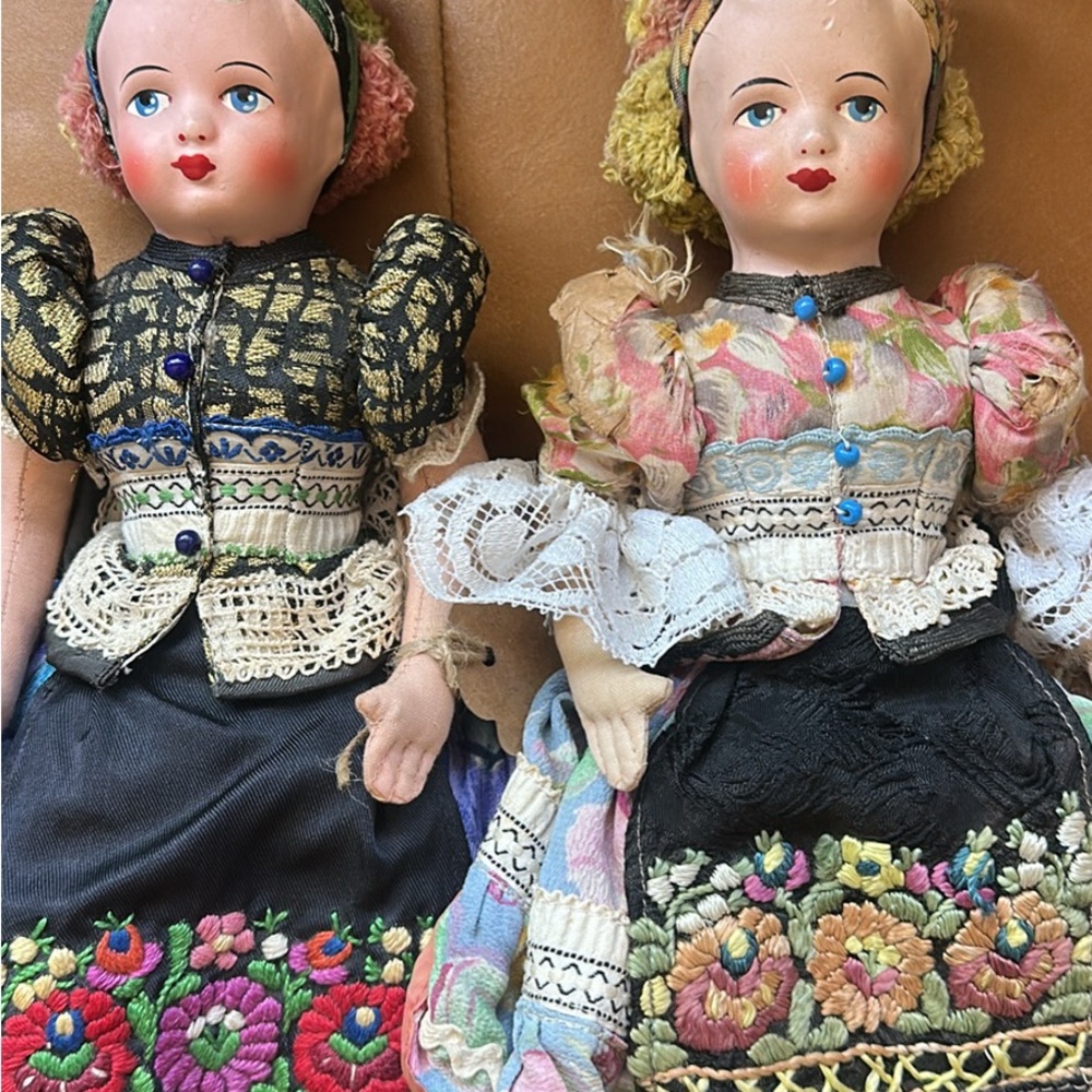 Vintage Folk Art Dolls with Embroidered Dresses